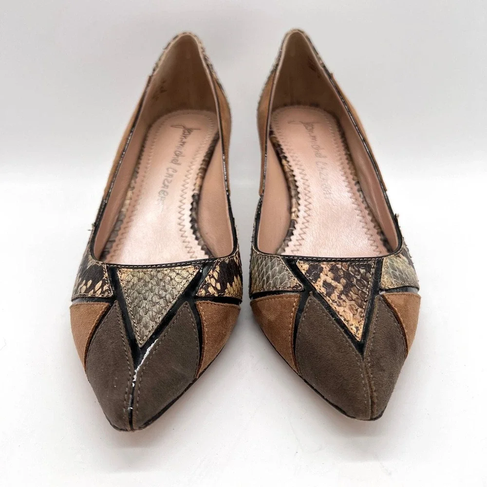 JEAN-MICHEL CAZABAT Pointy Toe Pumps 37 Brown Patchwork Snakeskin Suede Heel